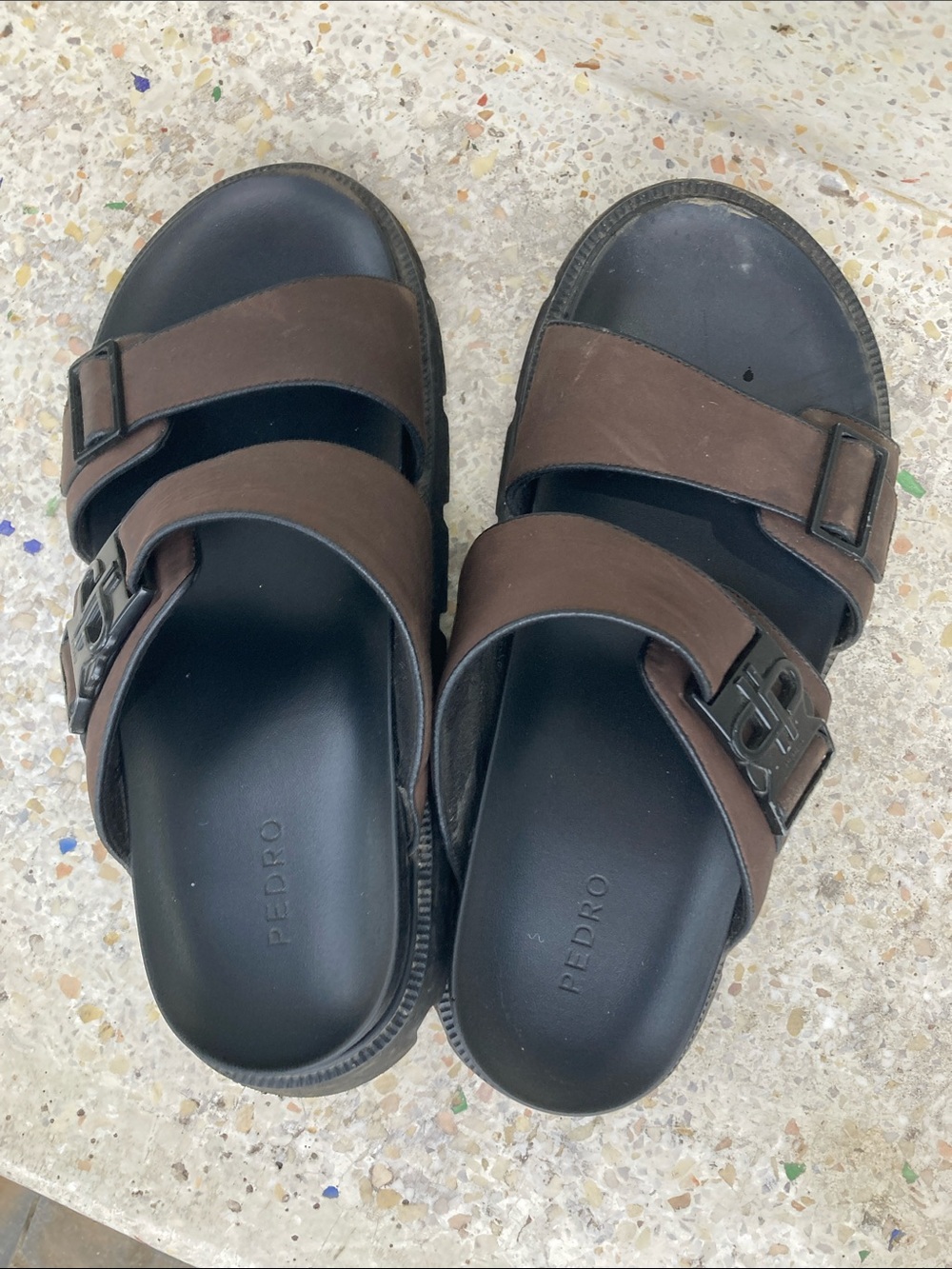 Brown Leather Double-Strap Men's Slide Sandals